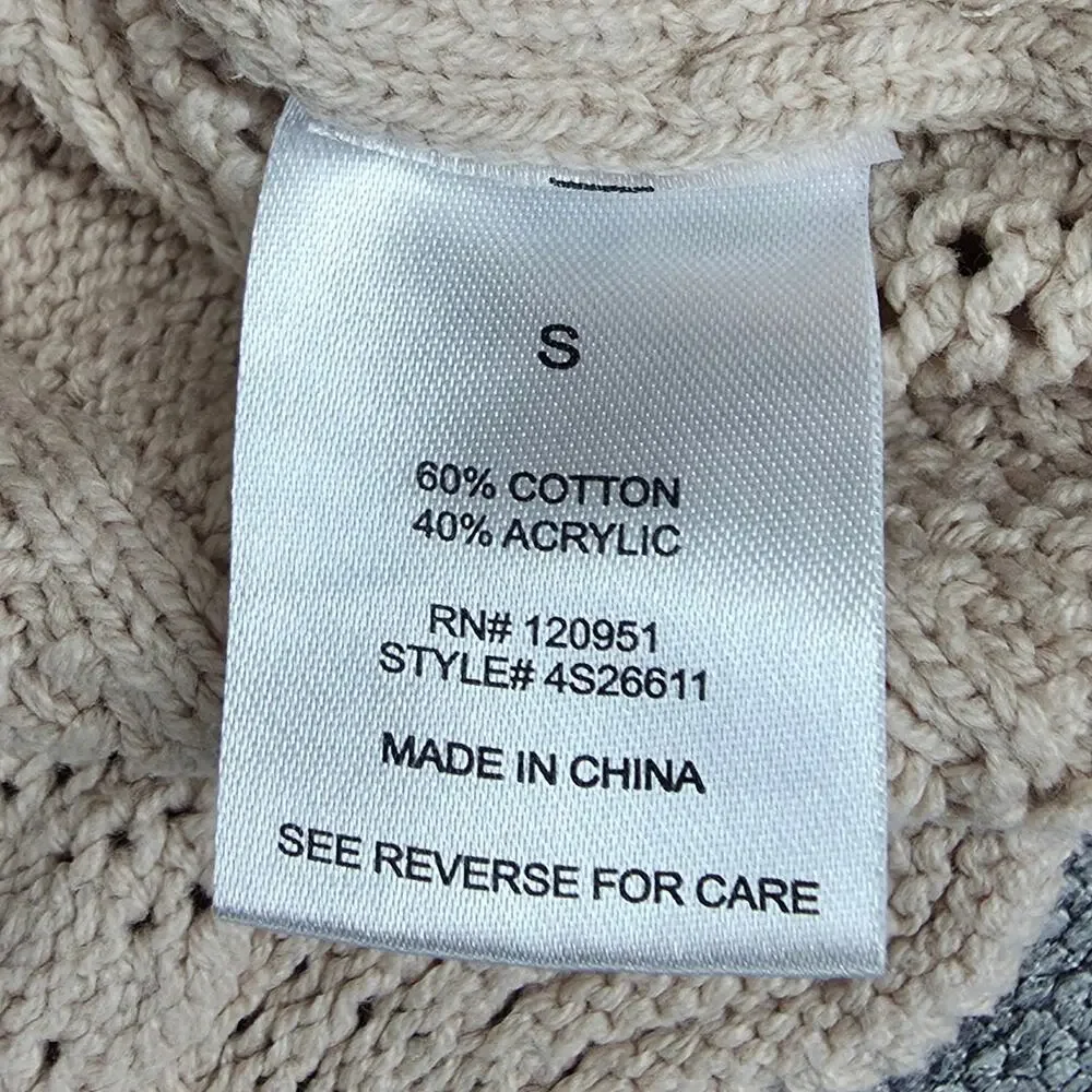 PINK ROSE WOMEN'S CROPPED KNIT SWEATER SIZE SMALL BEIGE TEXTURED CABLE OPENWORK